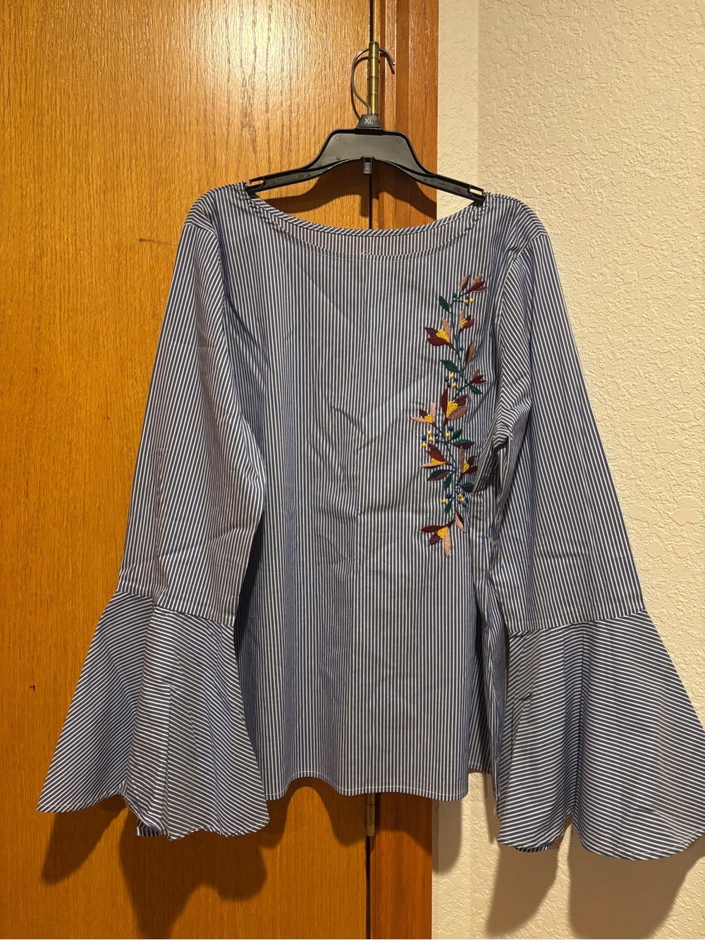 Striped Blue Embroidered Bell-Sleeve Women's Top